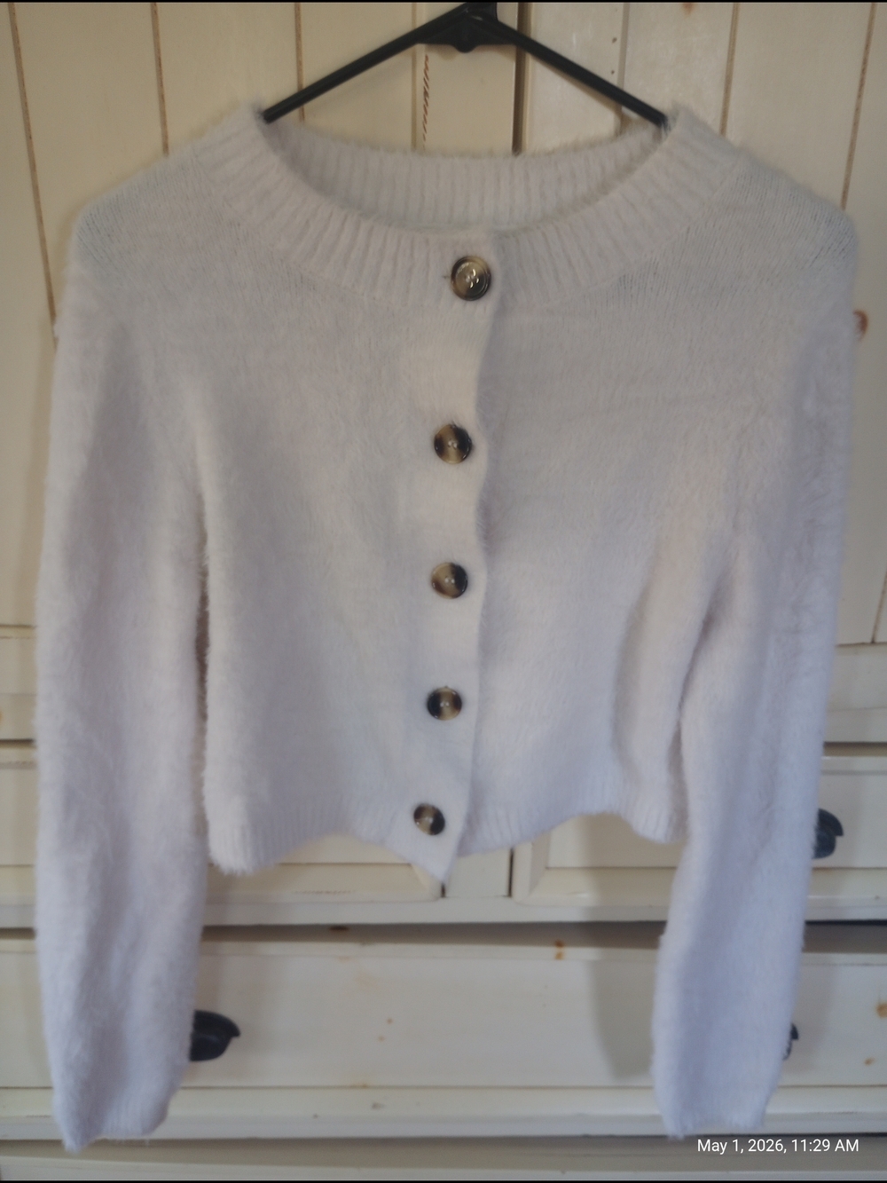 Ivory Plush Button-Front Cropped Cardigan